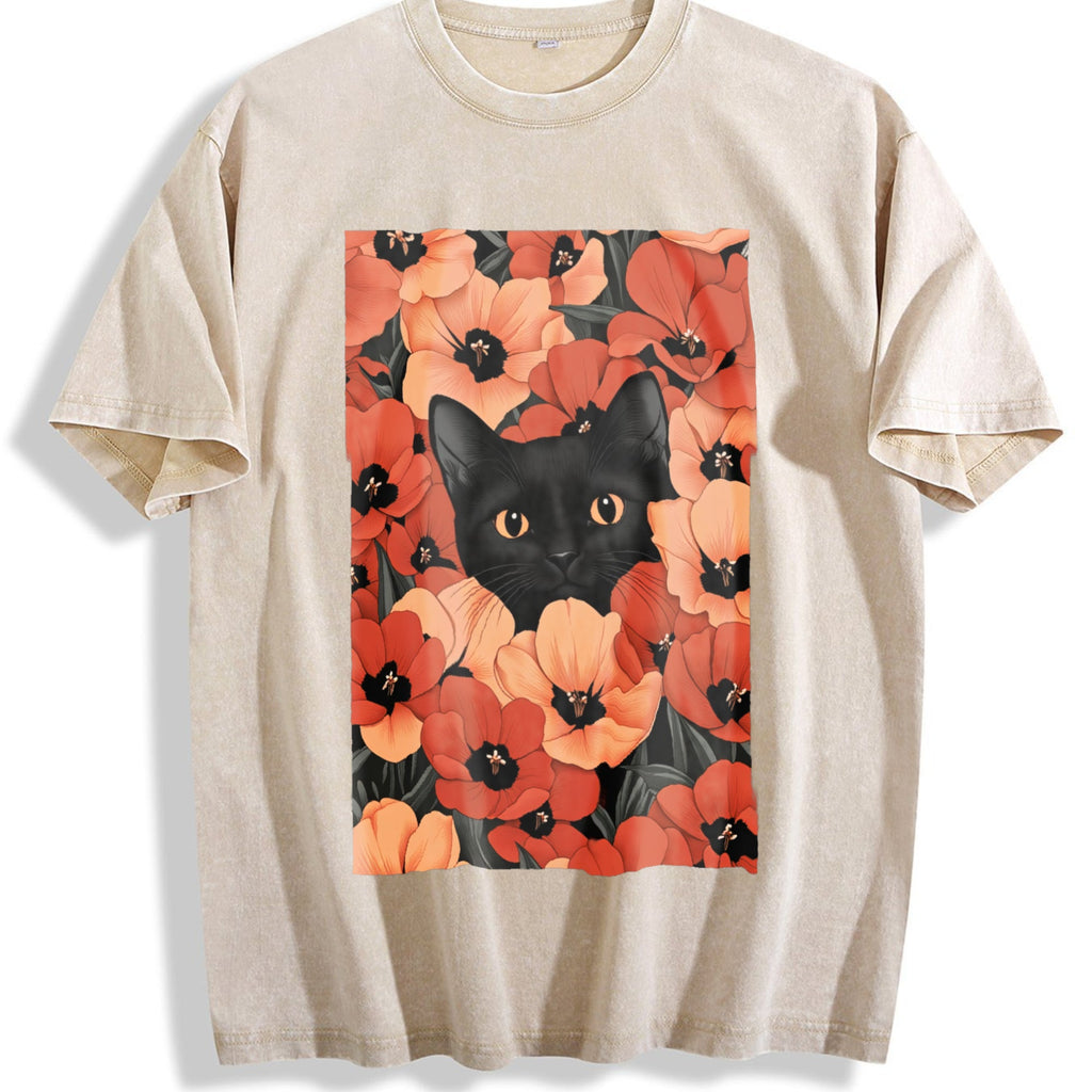 Blockbuster - Black Cat And Red Daisy Vintage Washed T-Shirt product image 1