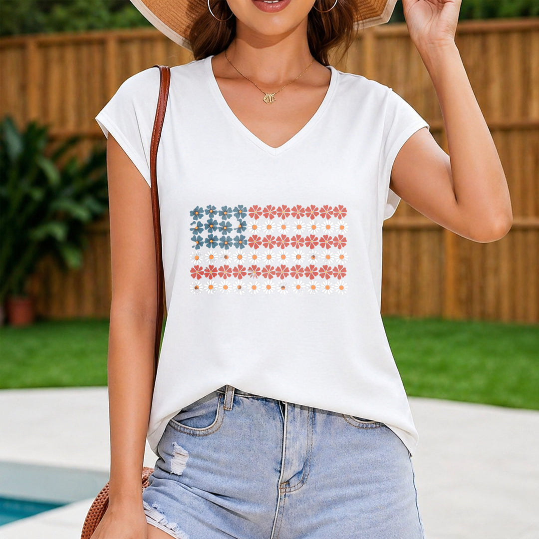 American Flag Floral Summer Women's V-Neck Tank Top