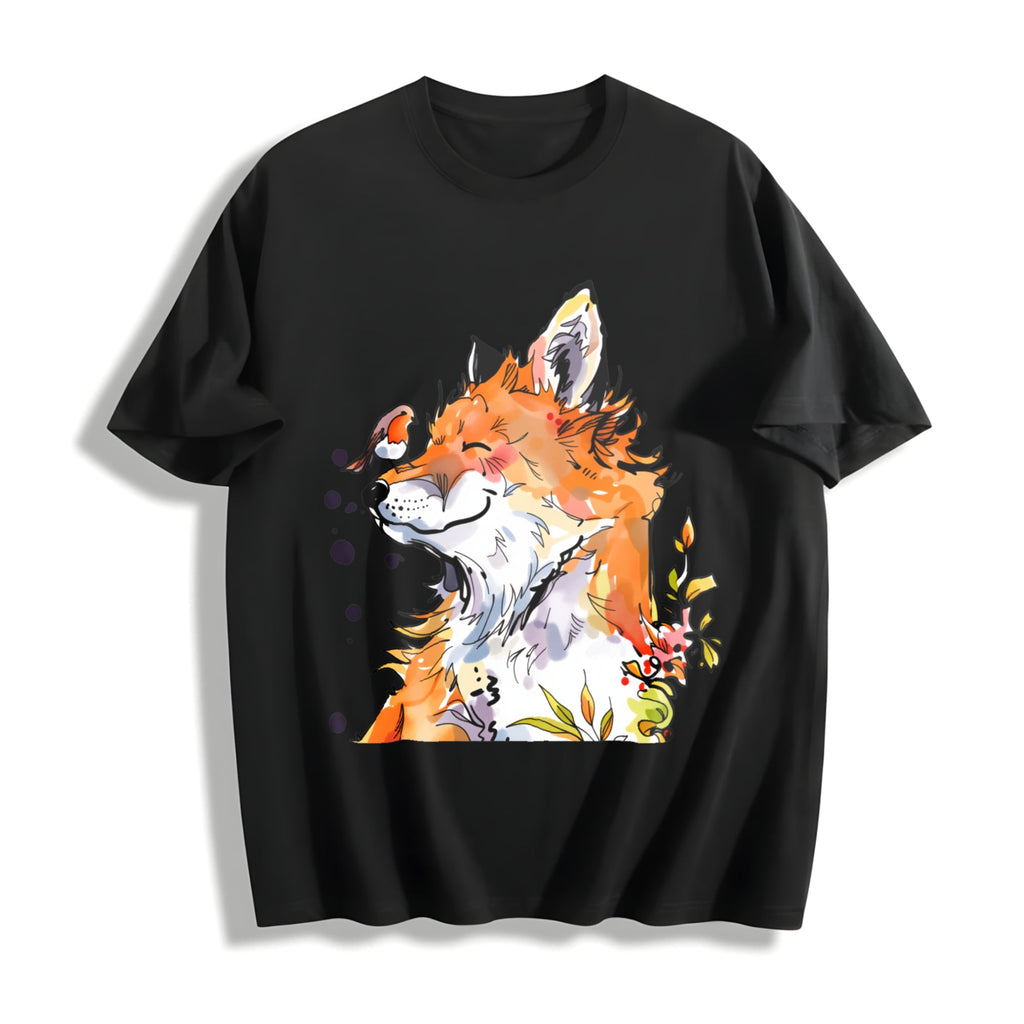 Watercolor Fox And Bird Floral Cotton T-Shirt product image 1
