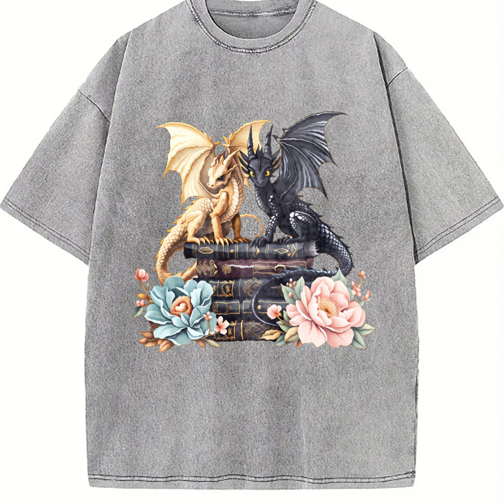 Dragon Book Stack with Flowers Vintage Washed T-Shirt product image 5