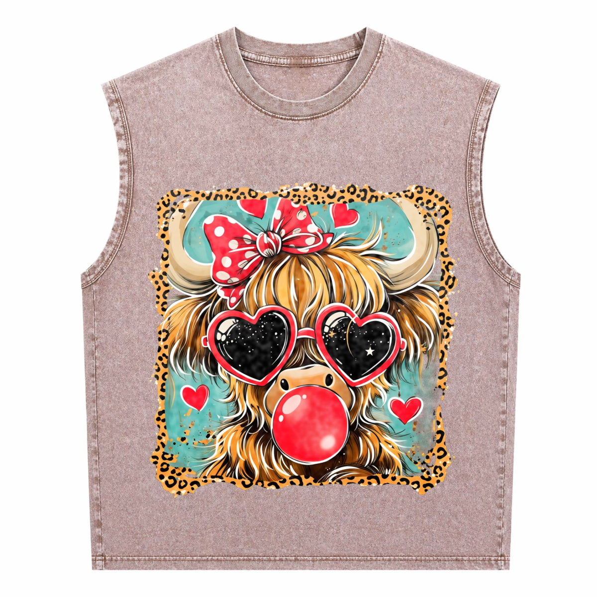 Highland Cow Valentine Coquette Valentine Heart Leopard Men's Washed Tank Top