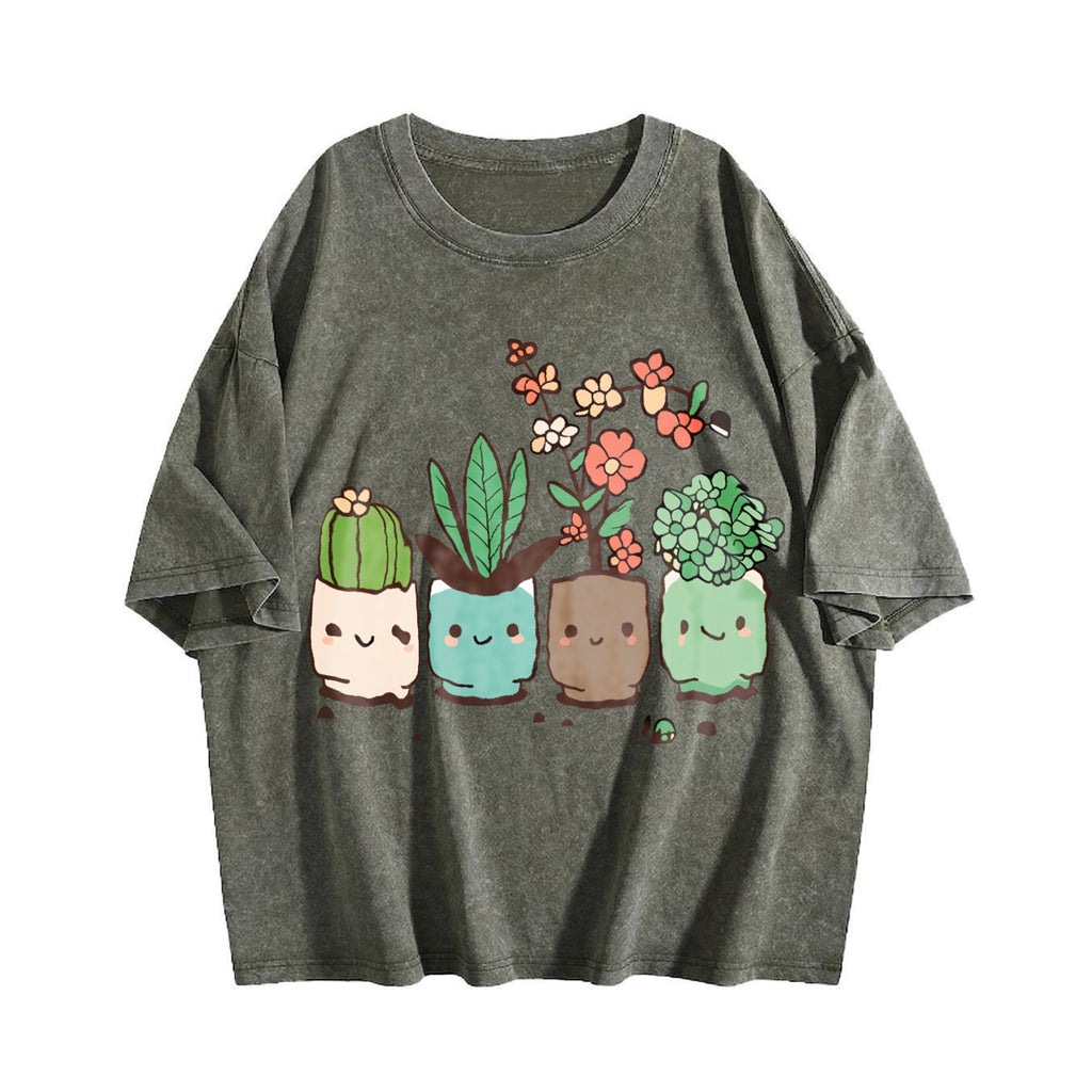 Cute Cartoon Potted Plant Vintage Washed T-Shirt product image 4