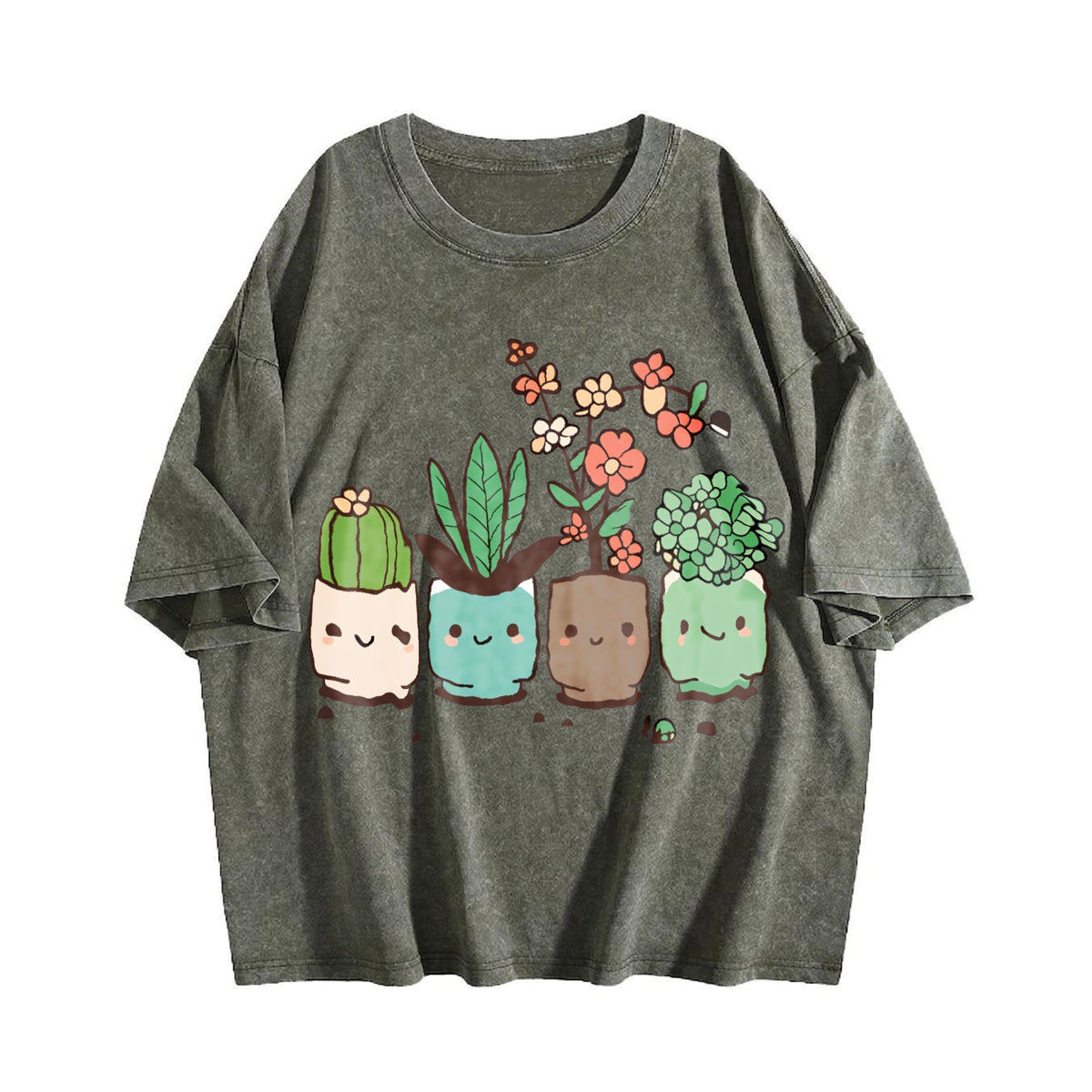 Cute Cartoon Potted Plant Vintage Washed T-Shirt product image 4