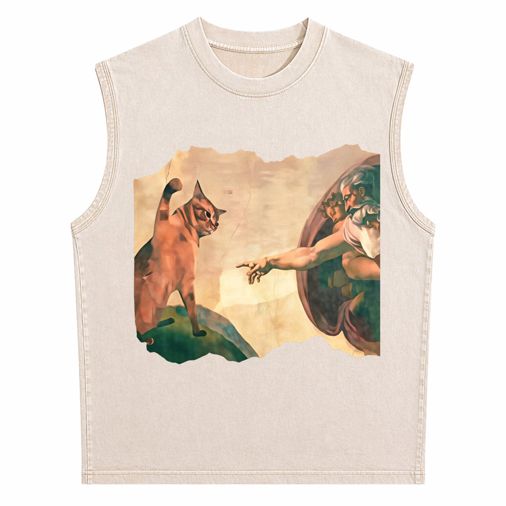 Funny Cat Swatting God's Hand Parody Cat The Divine Men's Washed Tank Top