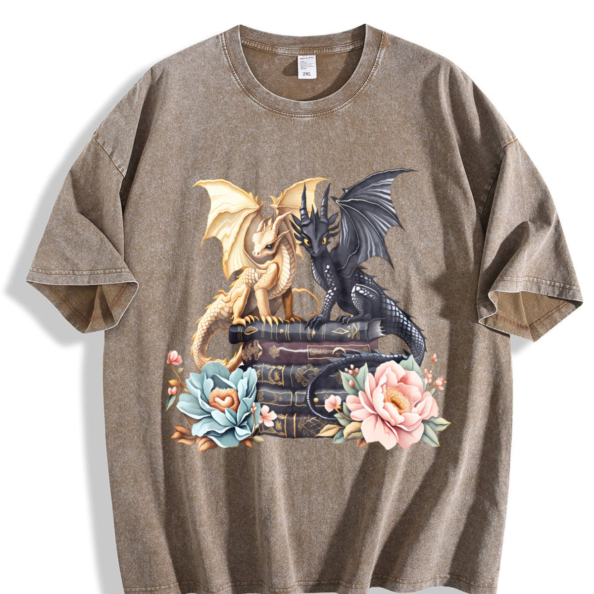 Dragon Book Stack with Flowers Vintage Washed T-Shirt product image 3