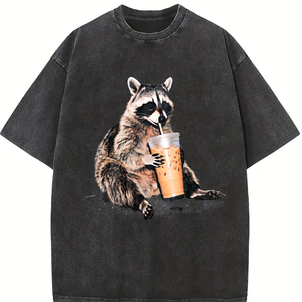 Raccoon Drinking Iced Coffee 90s Vintage Washed T-Shirt product image 2