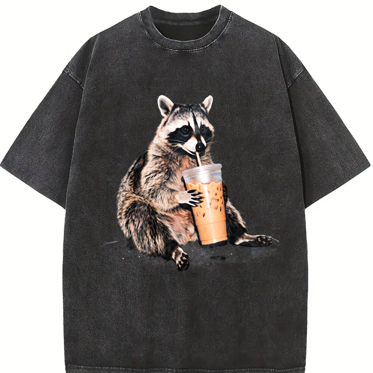 Raccoon Drinking Iced Coffee 90s Vintage Washed T-Shirt product image 2