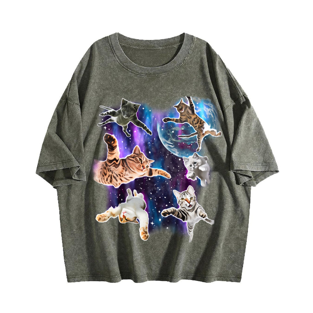 Cats Floating In Galaxy 90s Vintage Washed T-Shirt product image 4