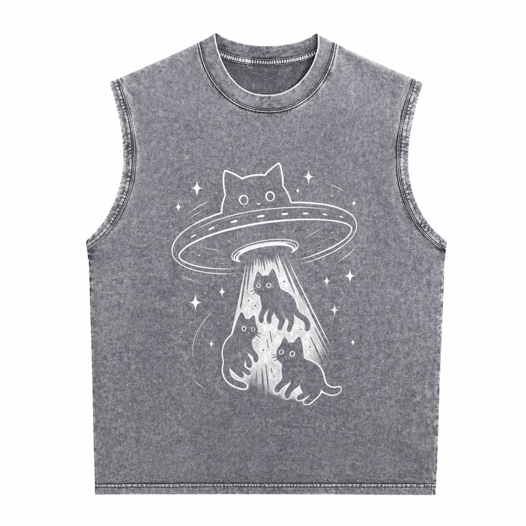 Funny Cat UFO Cute Kitty Space Spaceship Alien Aesthetic Men's Washed Tank Top