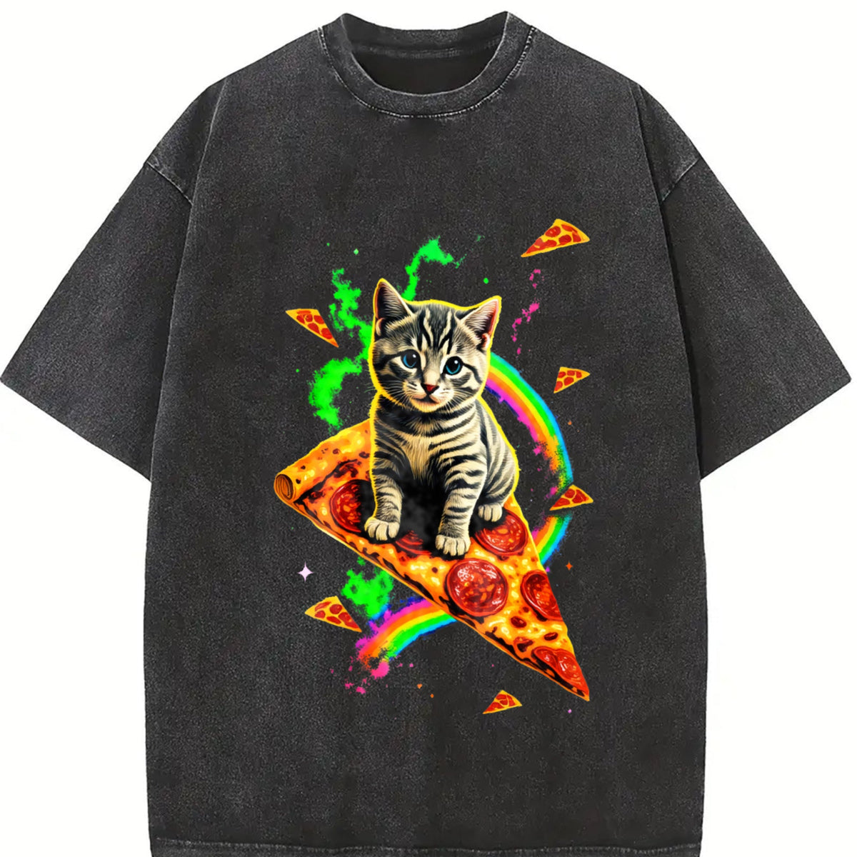 Cat Meme Pizza Galaxy Vintage Washed T-Shirt product image 2
