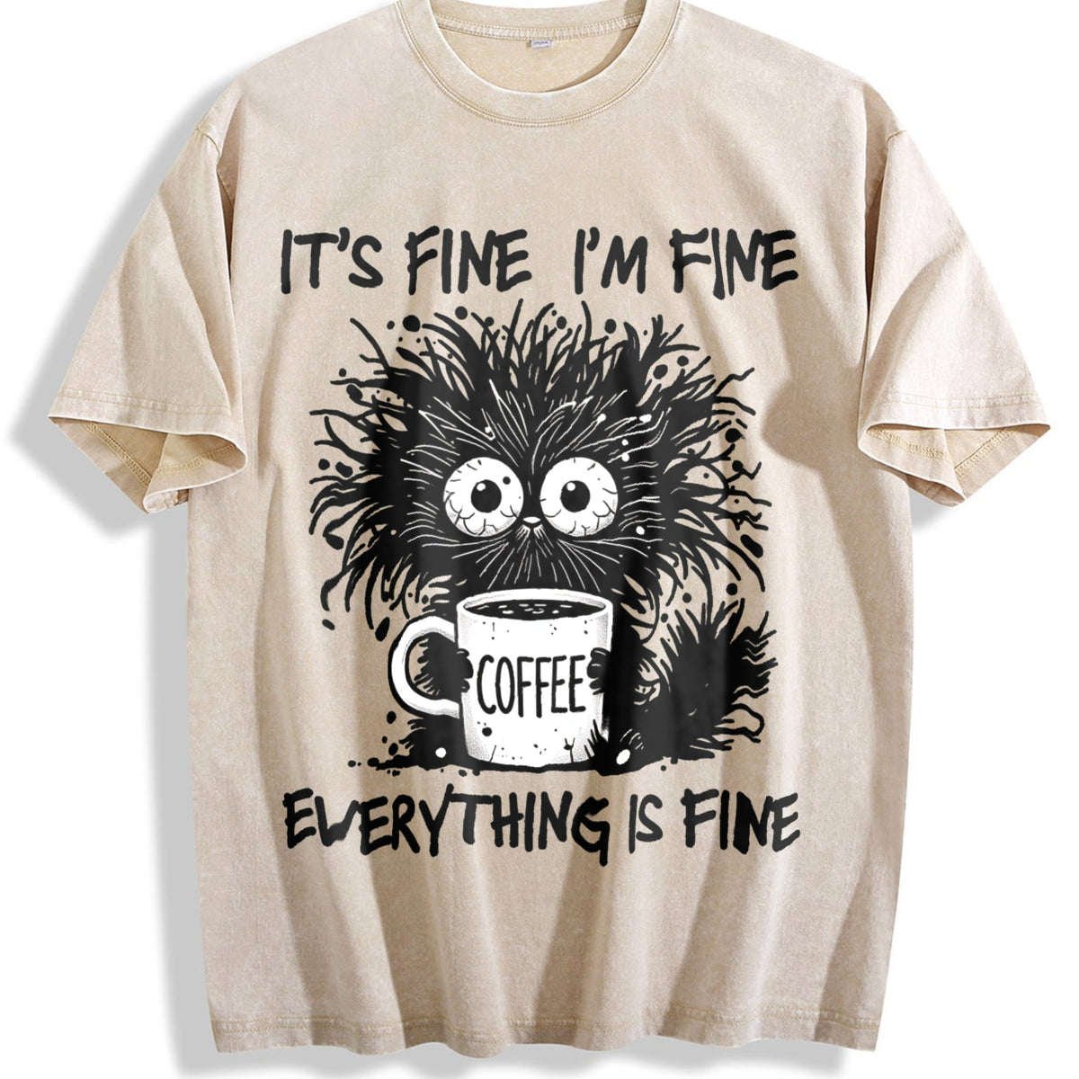 Animal Letter Furry Cat Coffee Vintage Washed T-Shirt product image 1