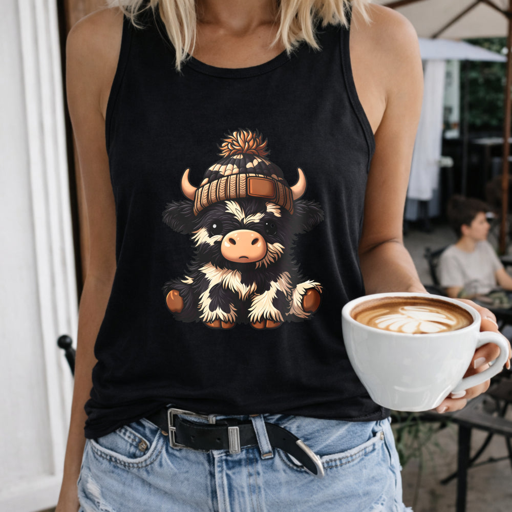 Cute Cartoon Cow & Beanie - Relaxed Women's Tank Top
