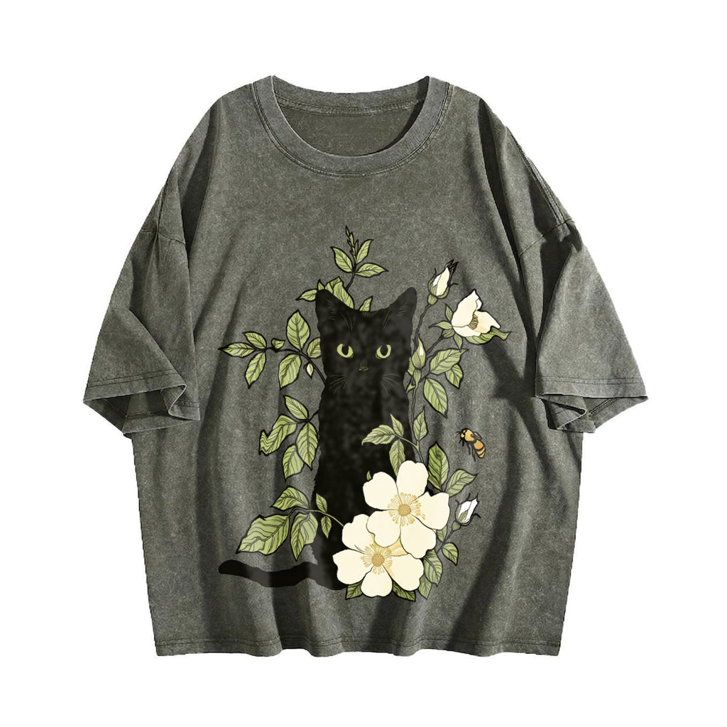 Animal Floral Cat Summer Vintage Washed T-Shirt product image 4