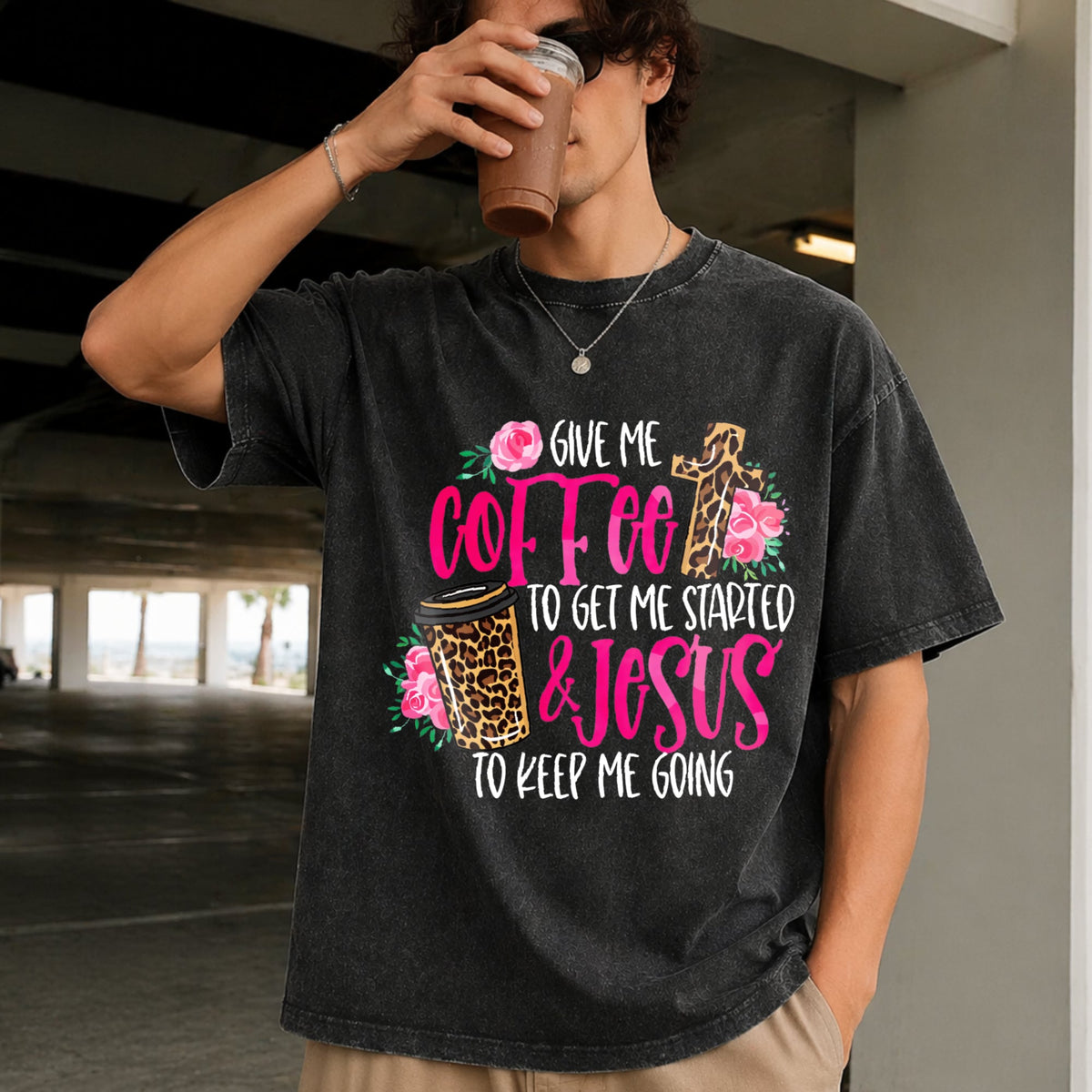 Funny Coffee & Faith - & Jesus Pink On Black Vintage Washed product image 2