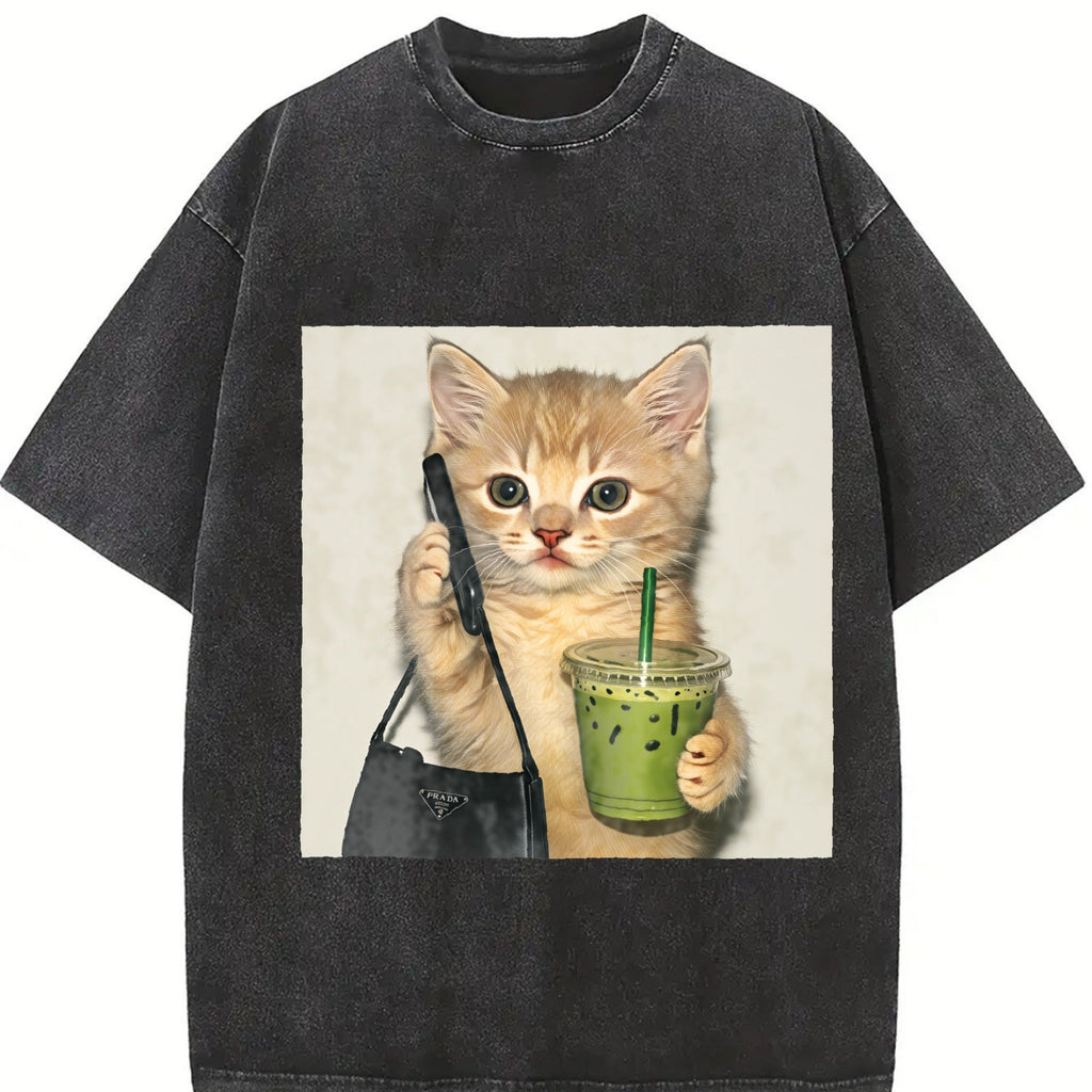 Cat And Drink Vintage Washed T-Shirt product image 2
