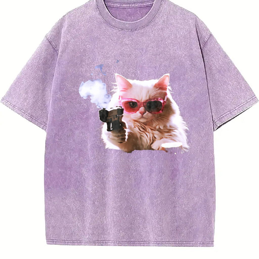 1pcscute Cat Funny T-shirtmen's Vintage Washed T-Shirt product image 6