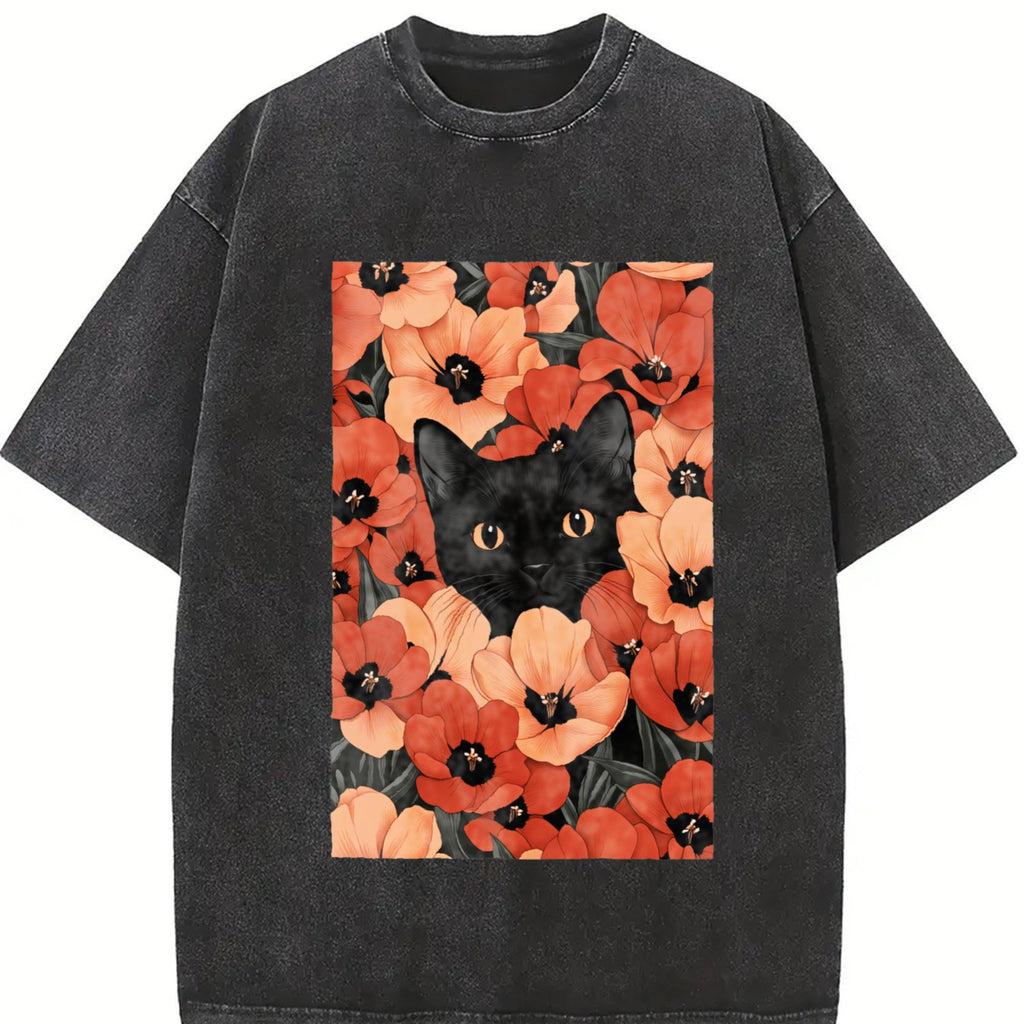 Blockbuster - Black Cat And Red Daisy Vintage Washed T-Shirt product image 2