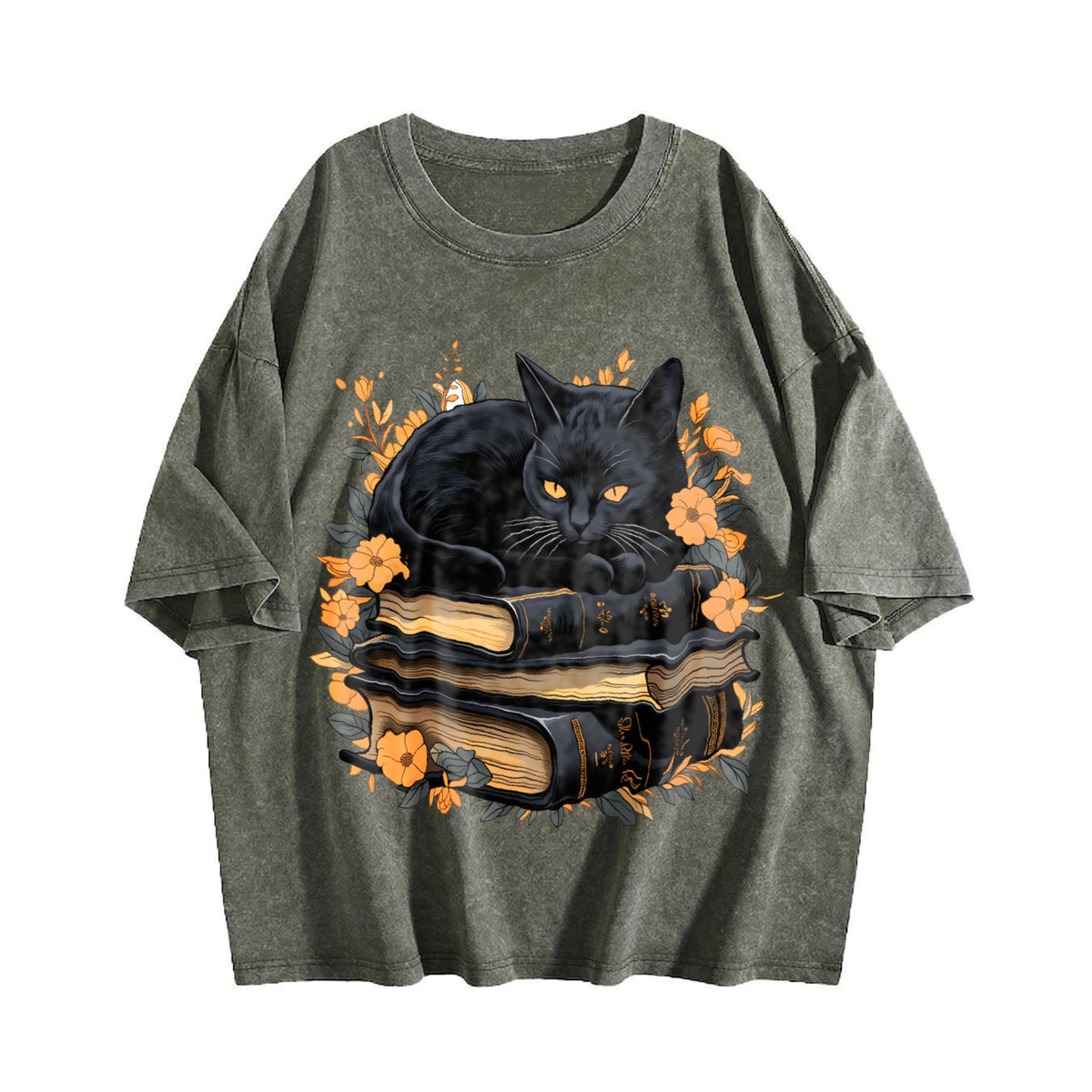 Cat On Book With Autumn Leaves Vintage Washed T-Shirt product image 4