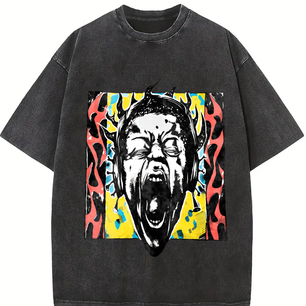 Unique Punk Flame Screaming Face Vintage Washed T-Shirt product image 2
