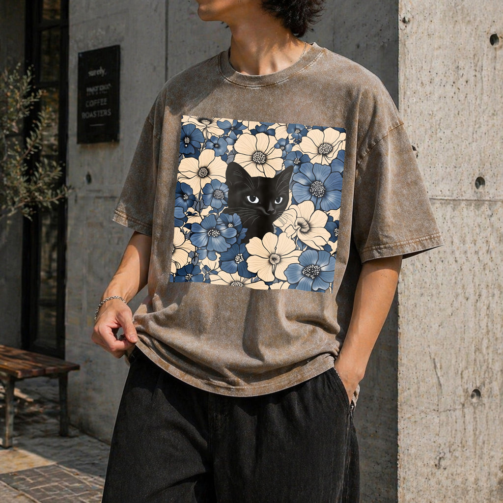 Black Cat Floral Fun American Vintage Washed T-Shirt product image 3
