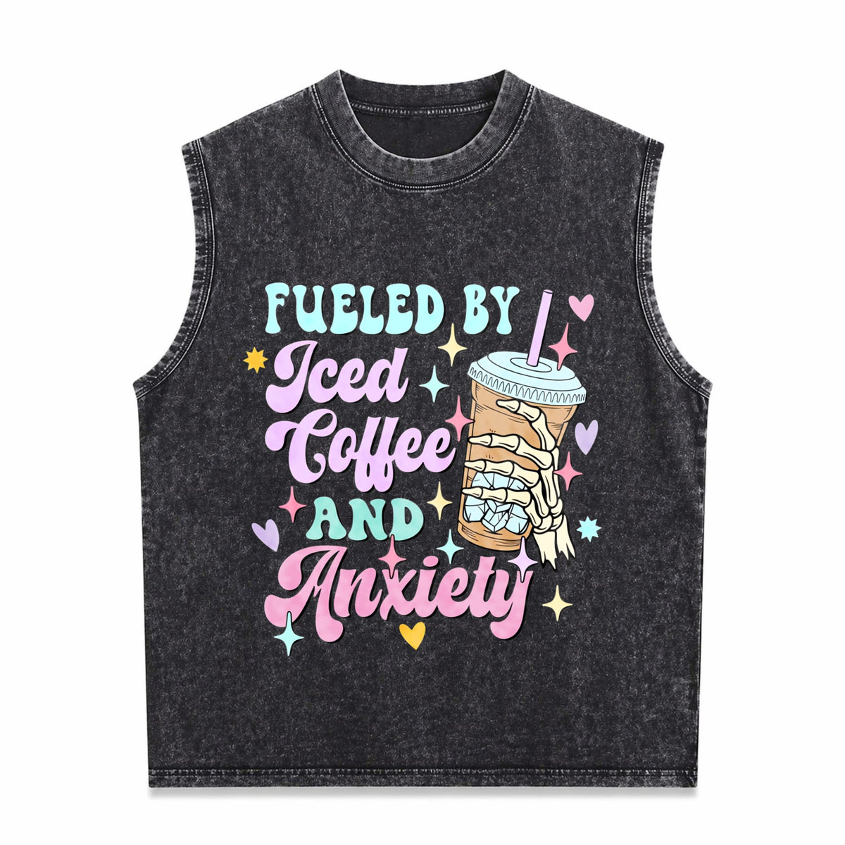 Fueled By Iced Coffee And Anxiety Funny Coffee Lover Men's Washed Tank Top