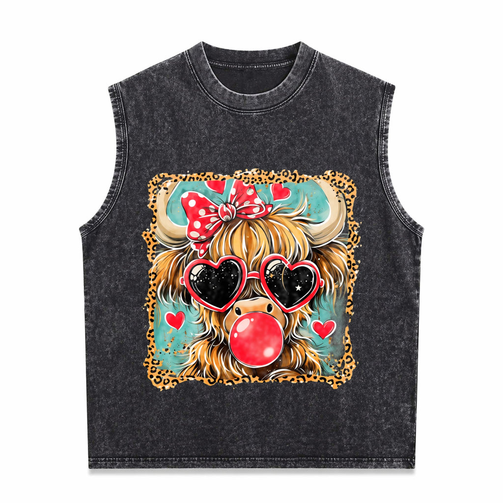 Highland Cow Valentine Coquette Valentine Heart Leopard Men's Washed Tank Top