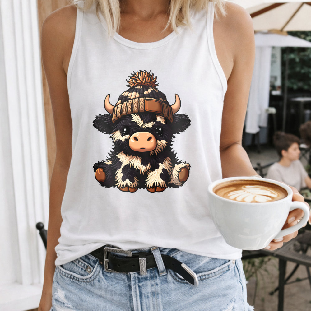 Cute Cartoon Cow & Beanie - Relaxed Women's Tank Top