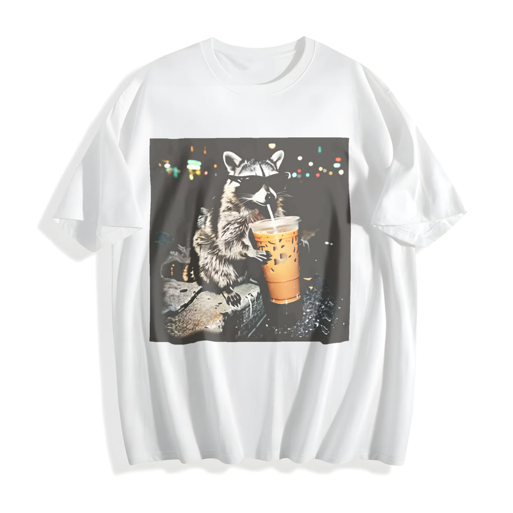 Raccoon Drinking Iced Coffee Cotton T-Shirt product image 2