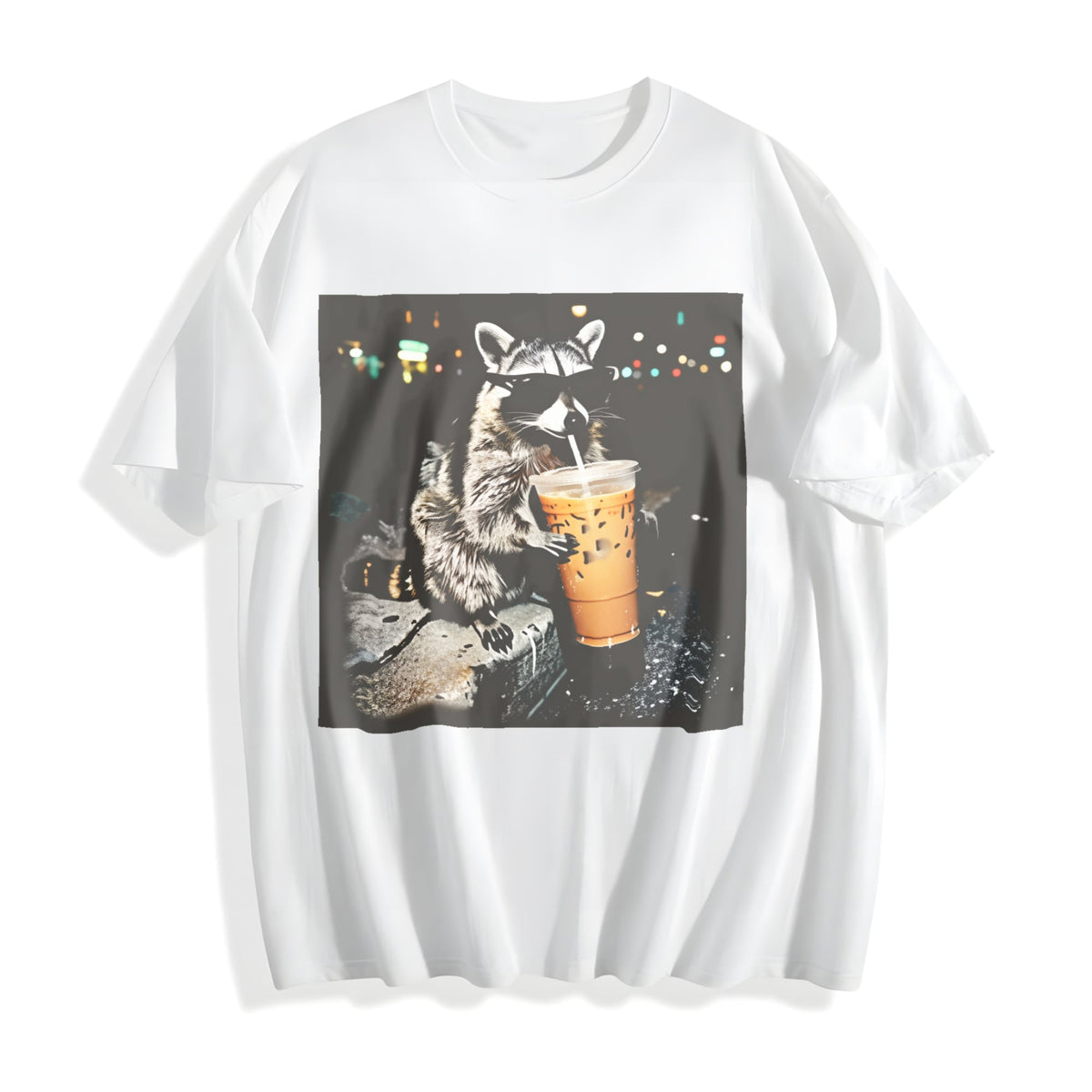 Raccoon Drinking Iced Coffee Cotton T-Shirt product image 2