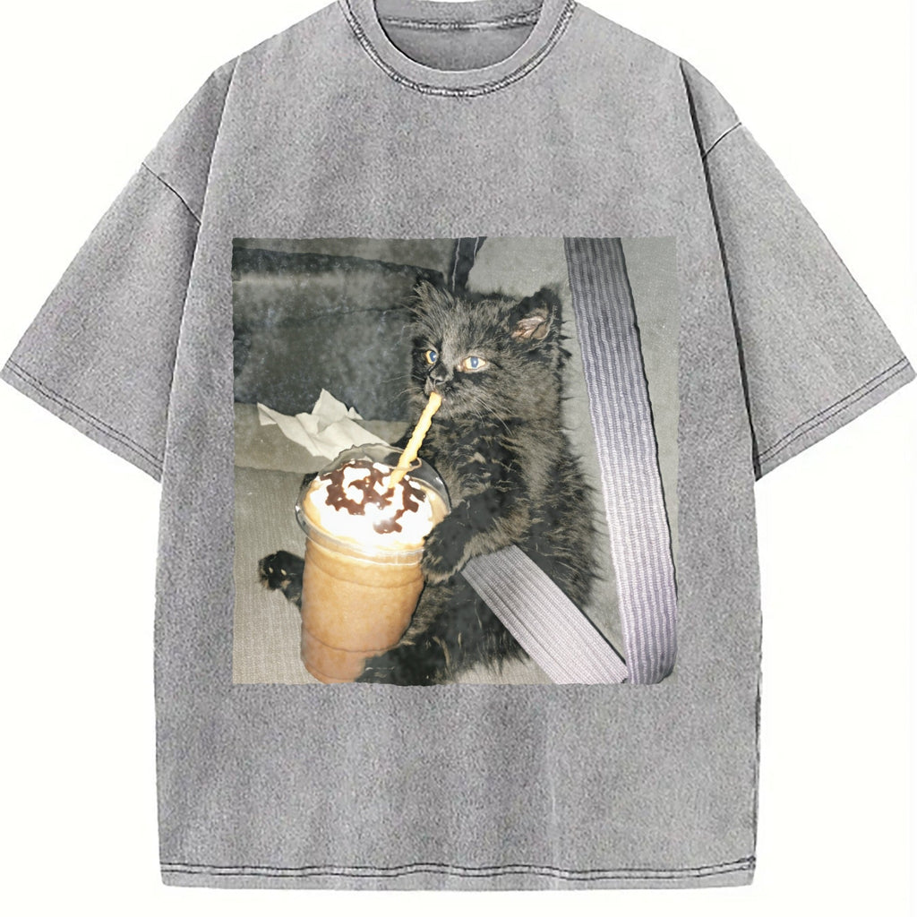 Cat Coffee Cup In The Car Vintage Washed T-Shirt