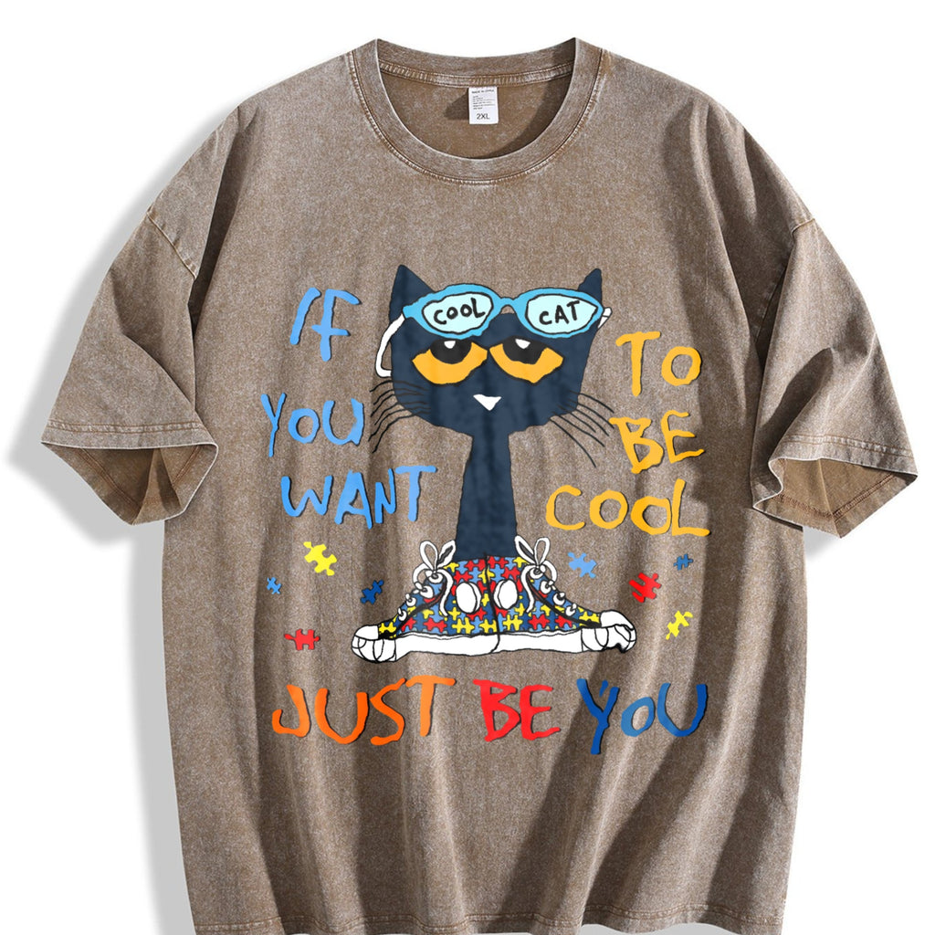 Cartoon Cat Blue-framed Glasses Vintage Washed T-Shirt product image 3