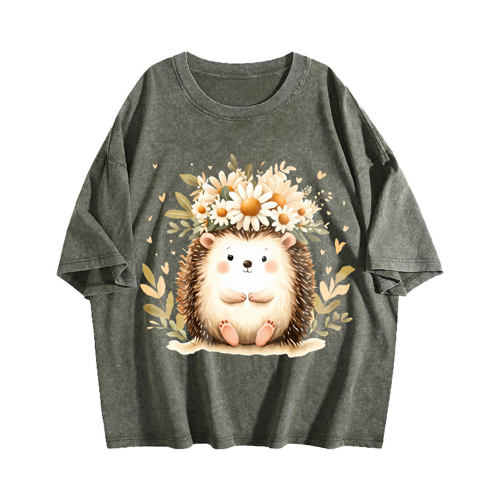 Hedgehog & Daisy - With Cute & Floral Vintage Washed T-Shirt product image 4
