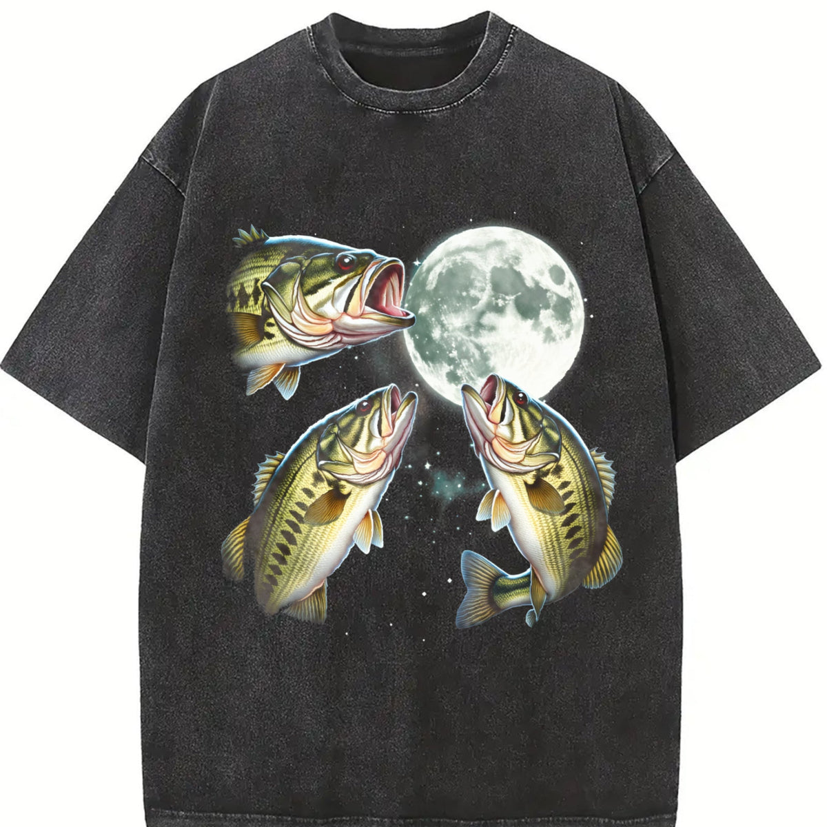 Bass Fish Howling At Moon 90s Vintage Washed T-Shirt product image 2