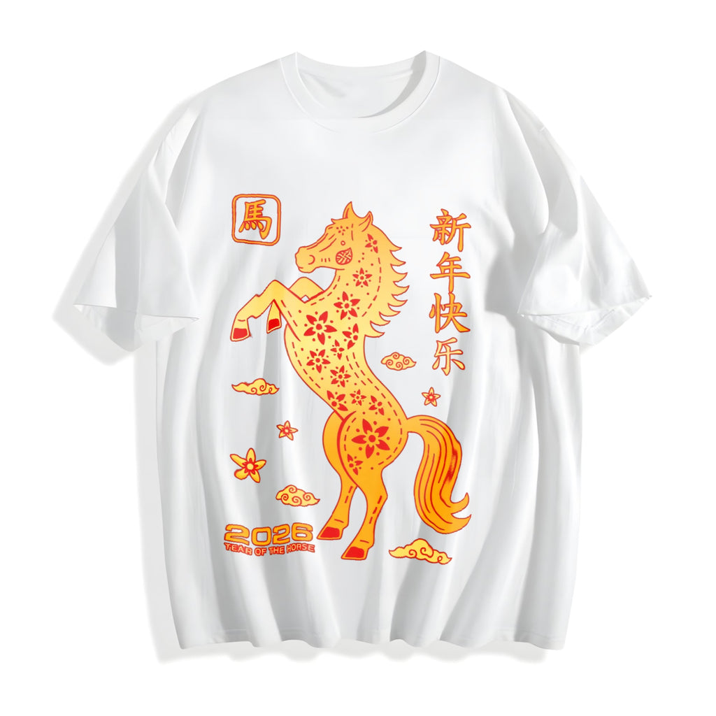 Golden Paper Cut Horse With Red Floral Cotton T-Shirt product image 2