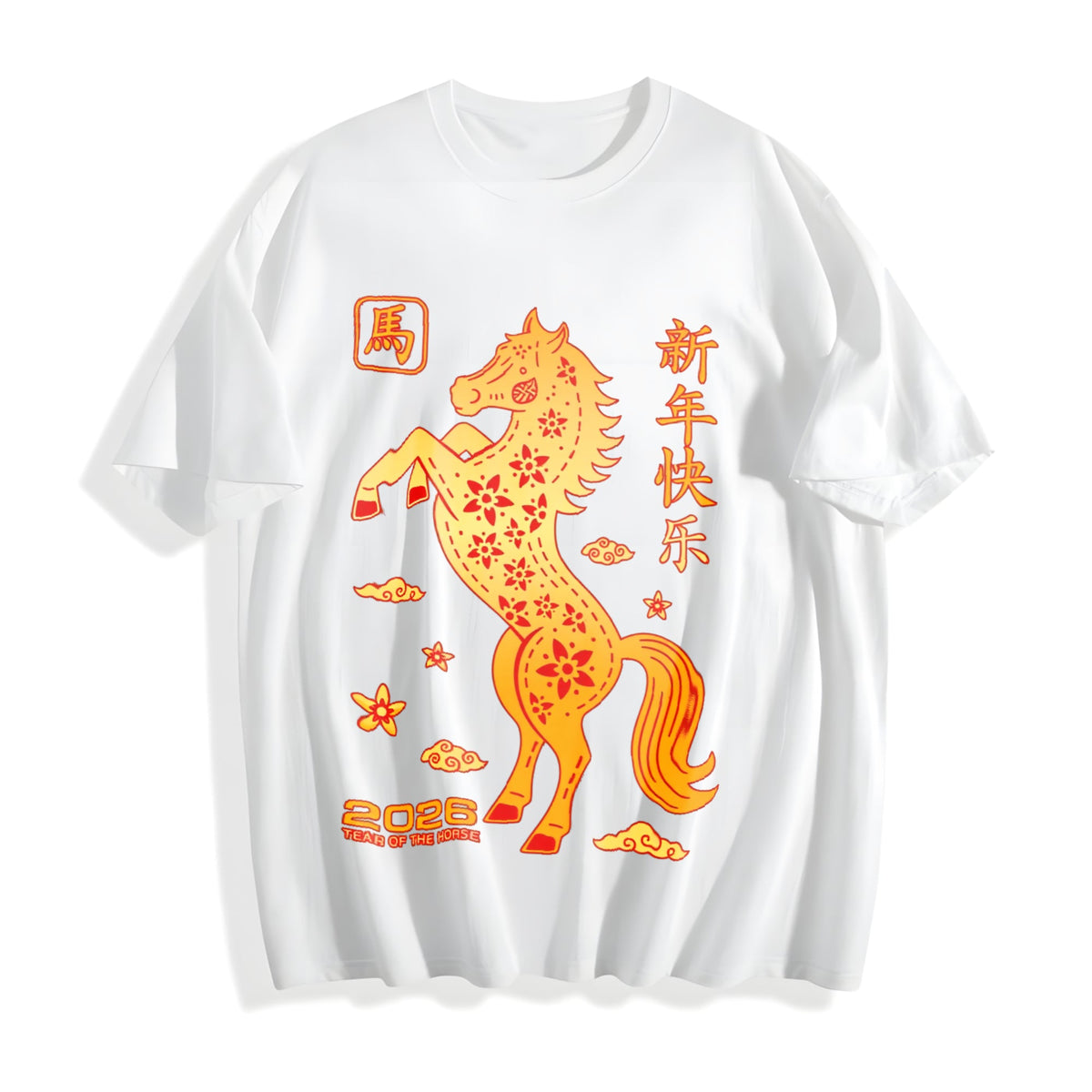 Golden Paper Cut Horse With Red Floral Cotton T-Shirt product image 2
