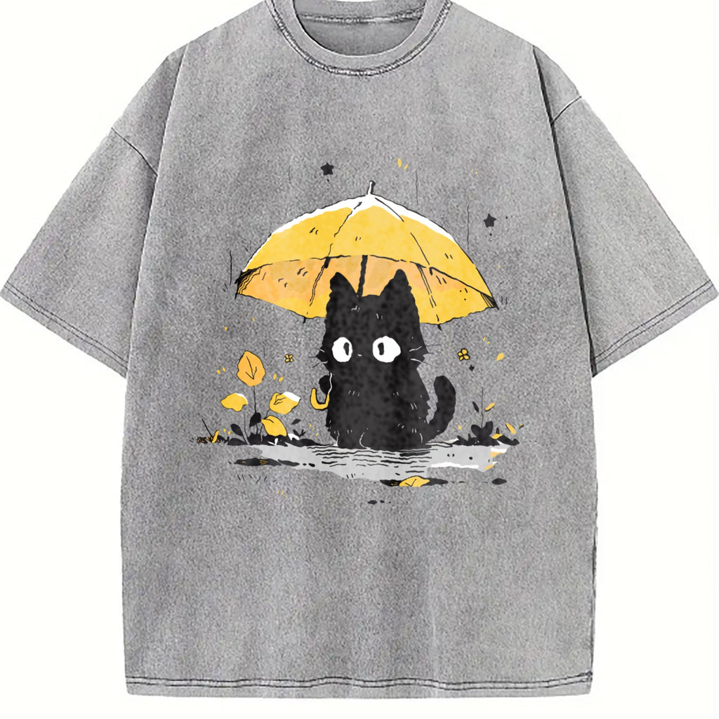 Black Cat under a Yellow Umbrella Vintage Washed T-Shirt product image 5