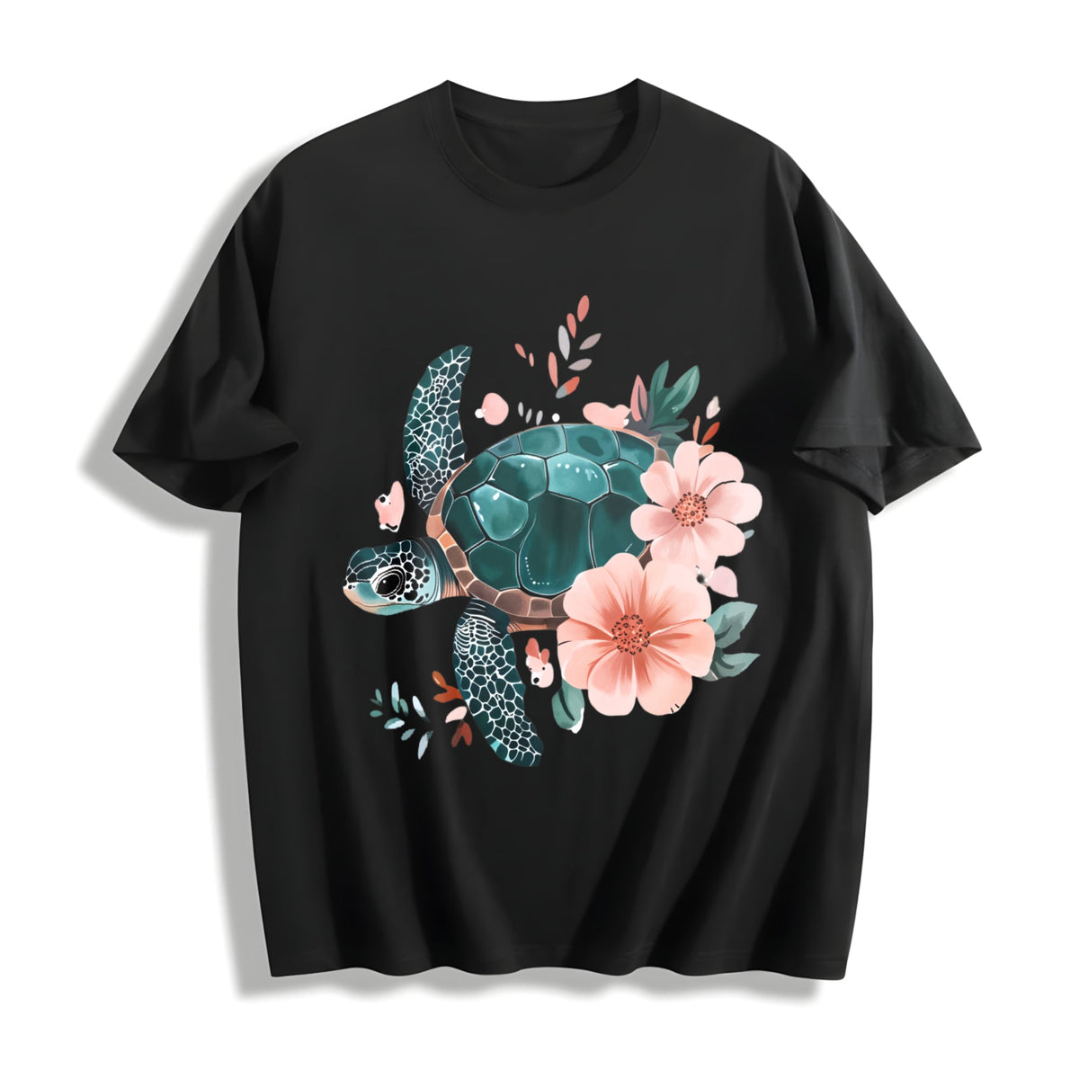 Floral Turtle & Peach Blossom - Stretch Cotton T-Shirt product image 1