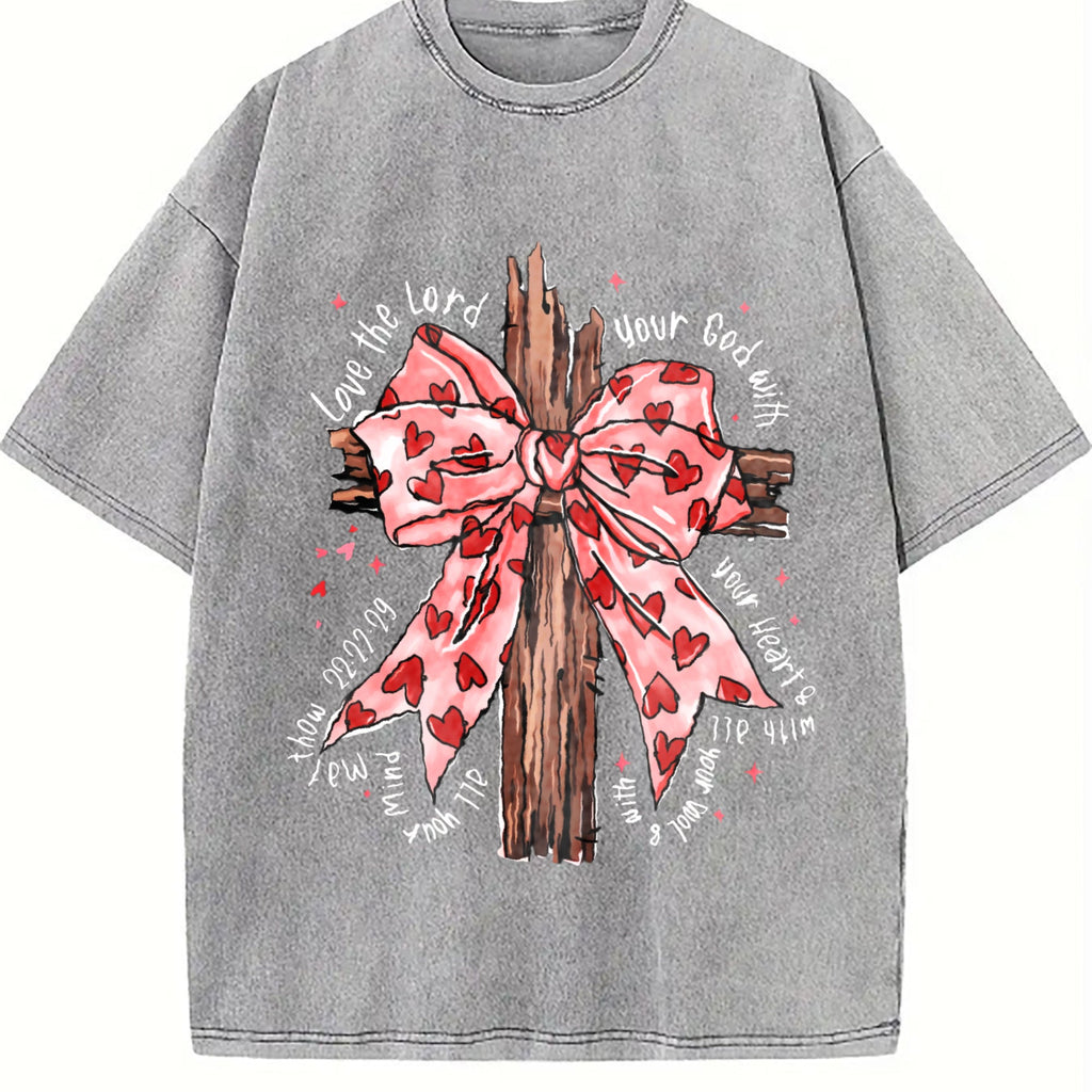 Faith Cross with Pink Heart Bow Vintage Washed T-Shirt product image 5