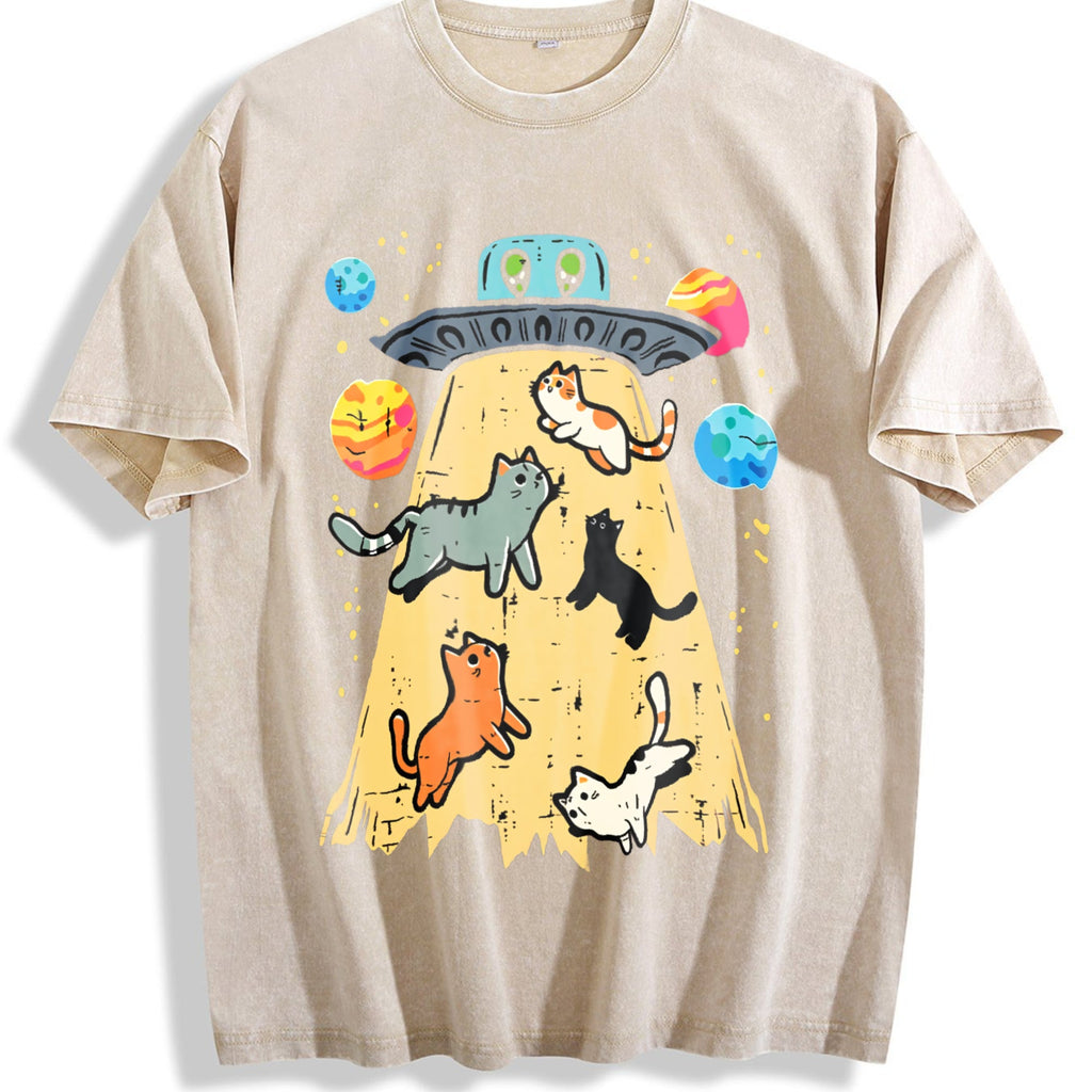 Summer UFO Takeaway Cute Cat Vintage Washed T-Shirt product image 1