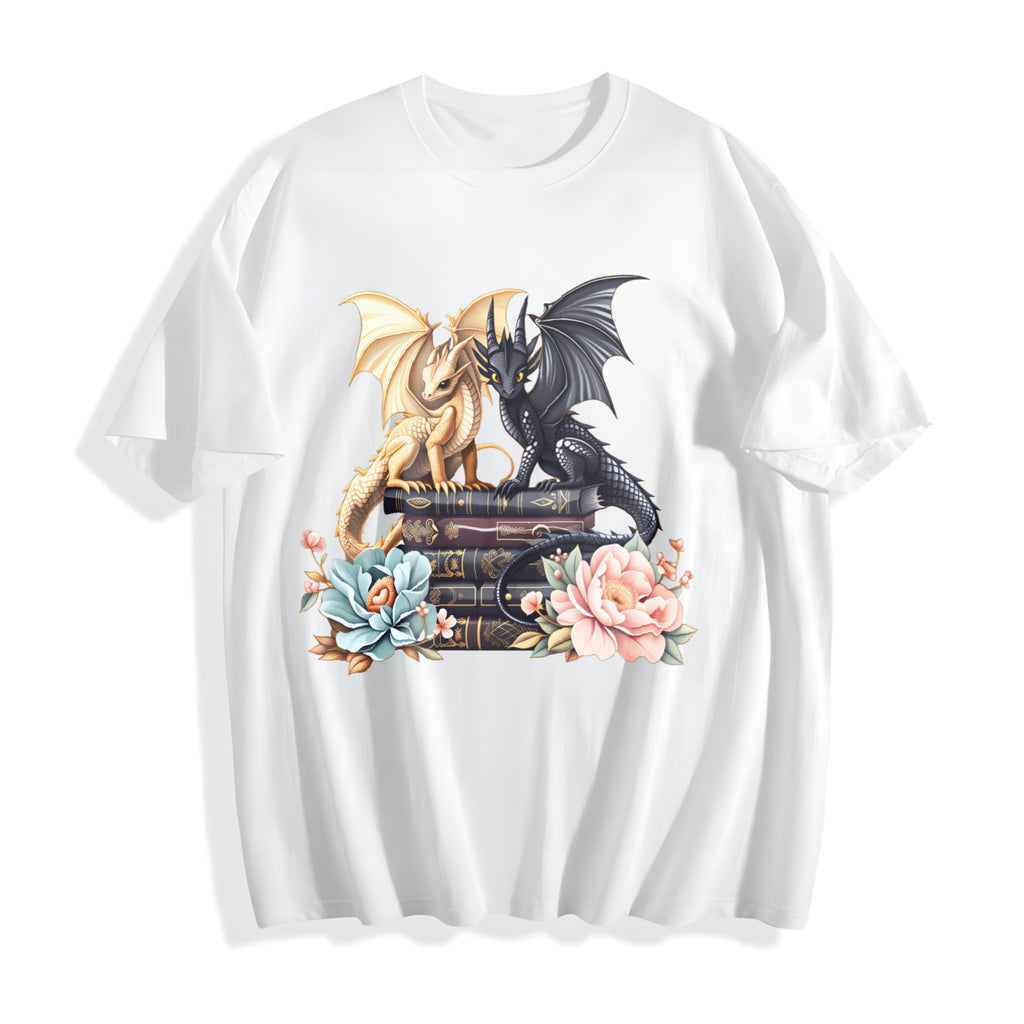 Dragon Book Stack with Flowers Cotton T-Shirt product image 2