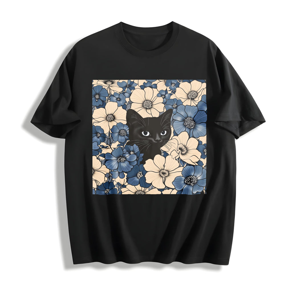 Black Cat Floral Fun American Cotton T-Shirt product image 1