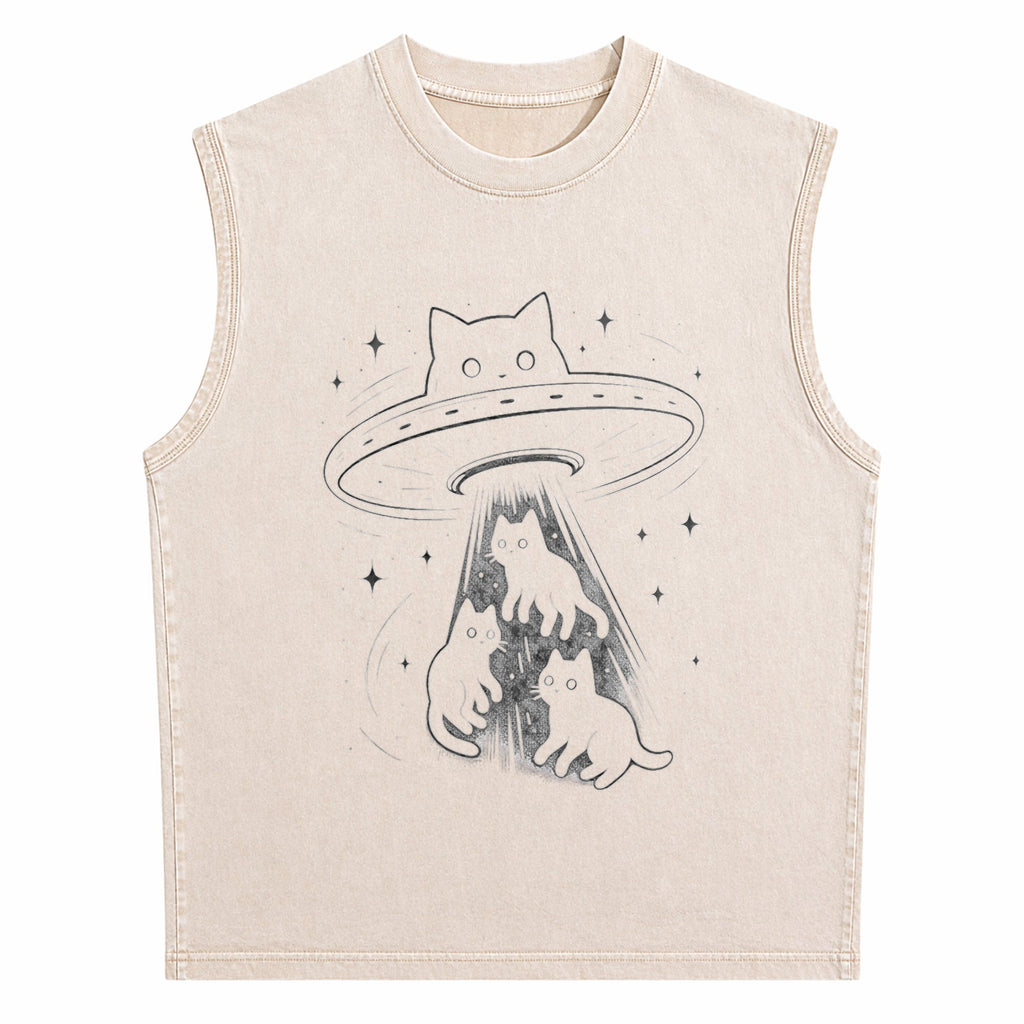 Funny Cat UFO Cute Kitty Space Spaceship Alien Aesthetic Men's Washed Tank Top