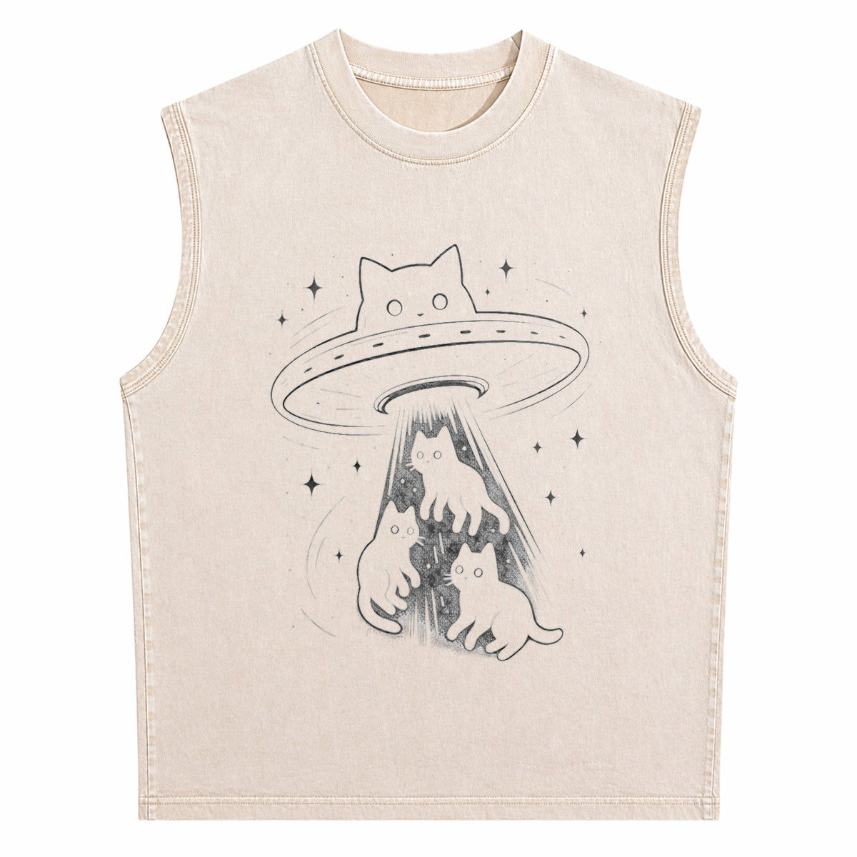Funny Cat UFO Cute Kitty Space Spaceship Alien Aesthetic Men's Washed Tank Top