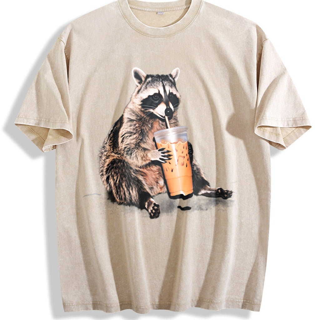 Raccoon Drinking Iced Coffee 90s Vintage Washed T-Shirt product image 1