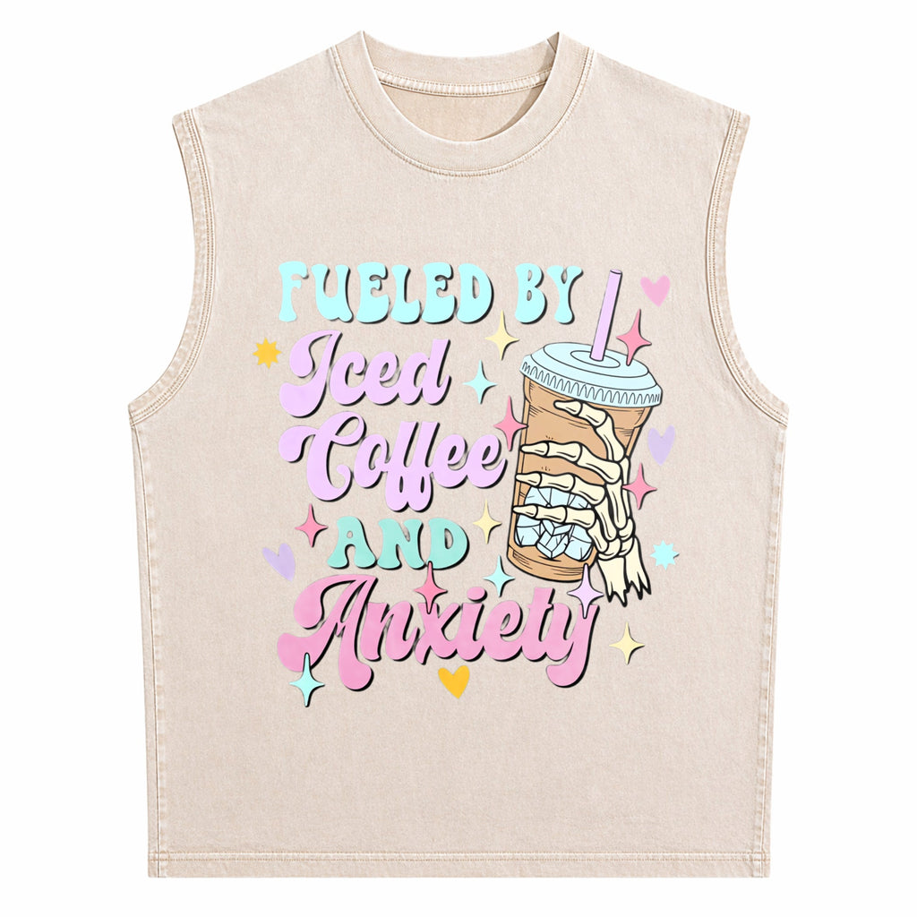 Fueled By Iced Coffee And Anxiety Funny Coffee Lover Men's Washed Tank Top