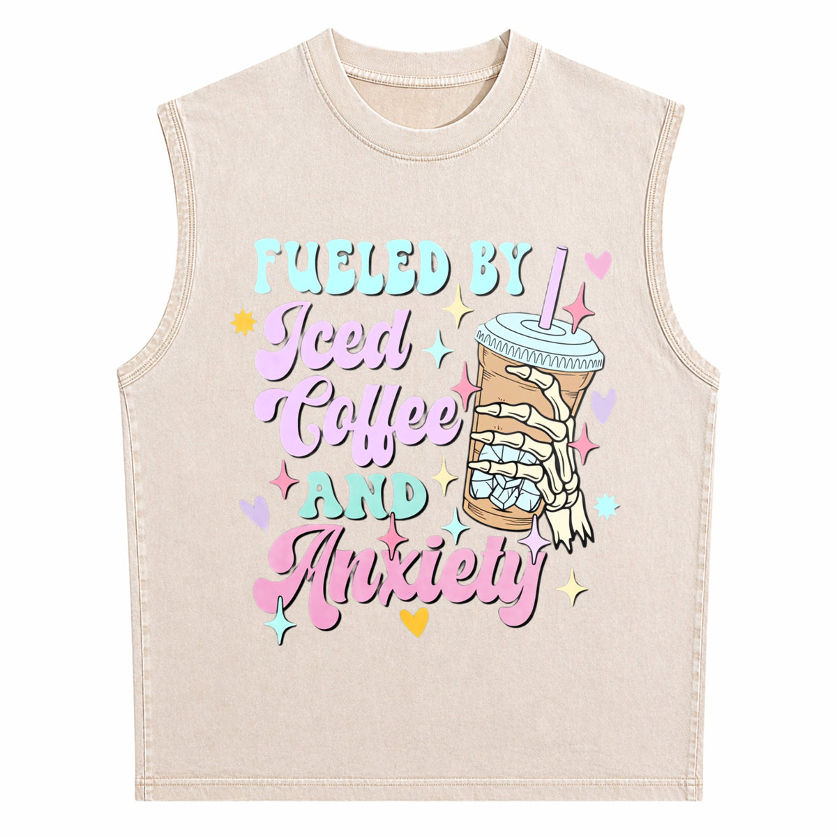 Fueled By Iced Coffee And Anxiety Funny Coffee Lover Men's Washed Tank Top