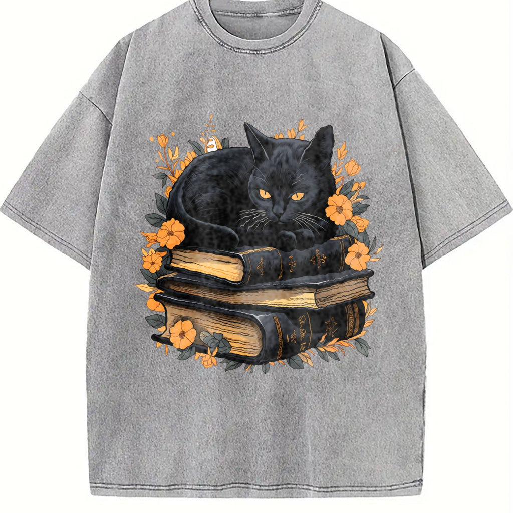Cat On Book With Autumn Leaves Vintage Washed T-Shirt product image 5