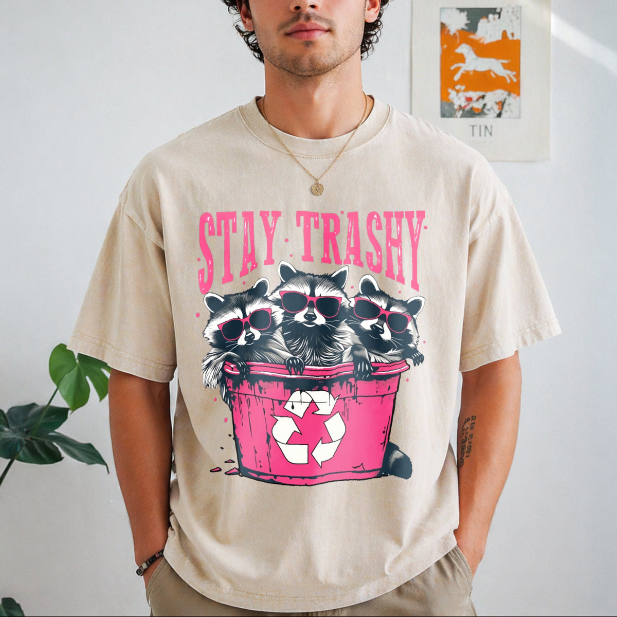 Stay Trashy - Black With Pink Raccoon & Bin Vintage Washed product image 1