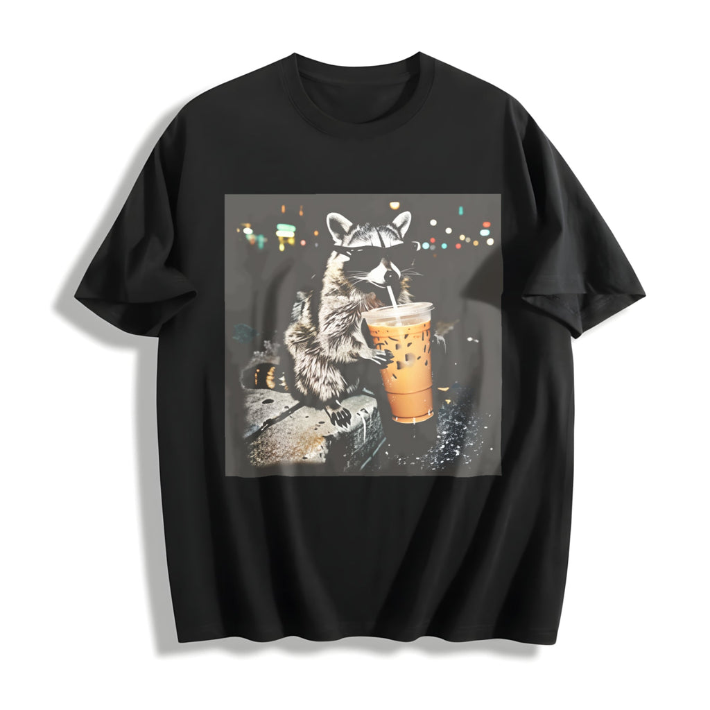 Raccoon Drinking Iced Coffee Cotton T-Shirt product image 1