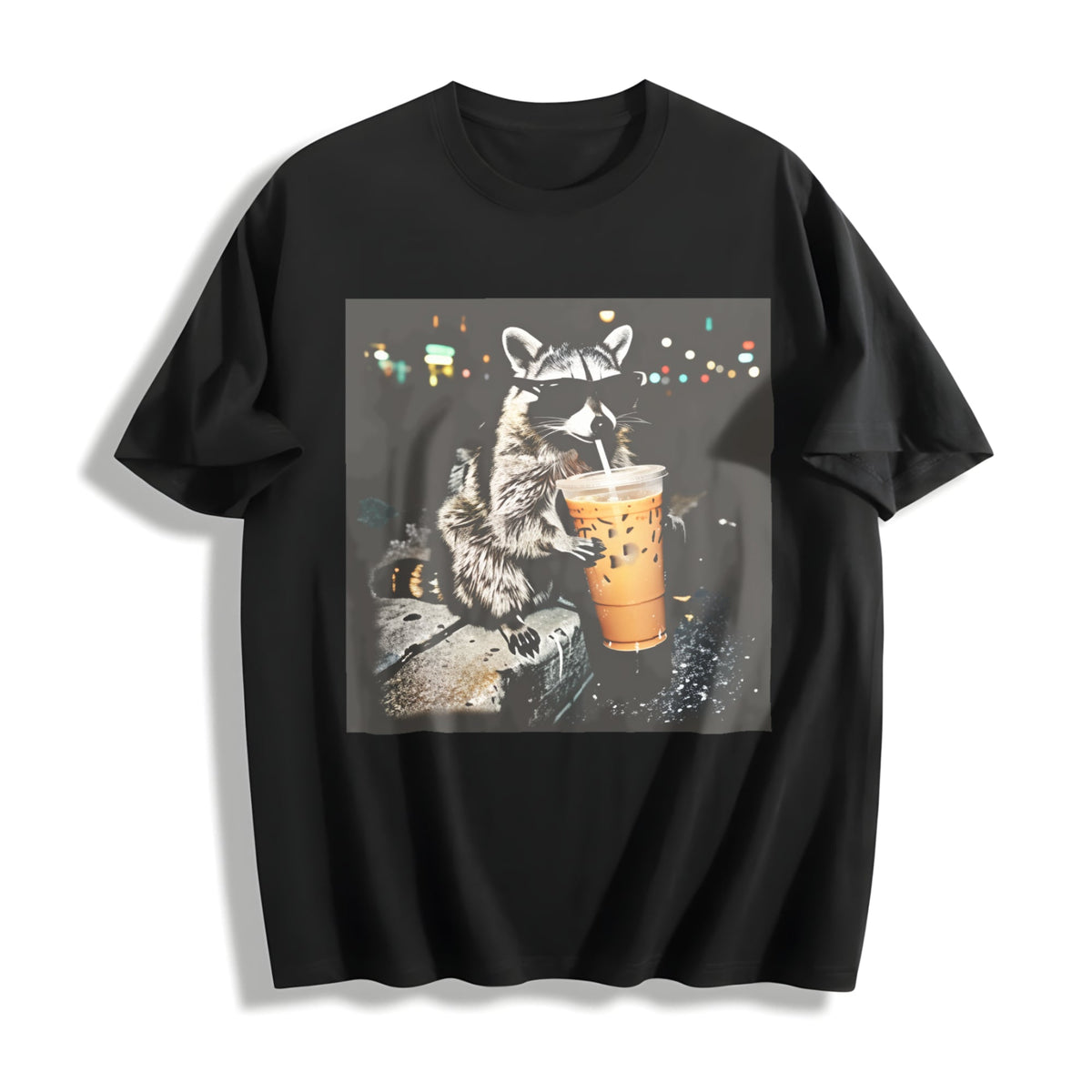 Raccoon Drinking Iced Coffee Cotton T-Shirt product image 1